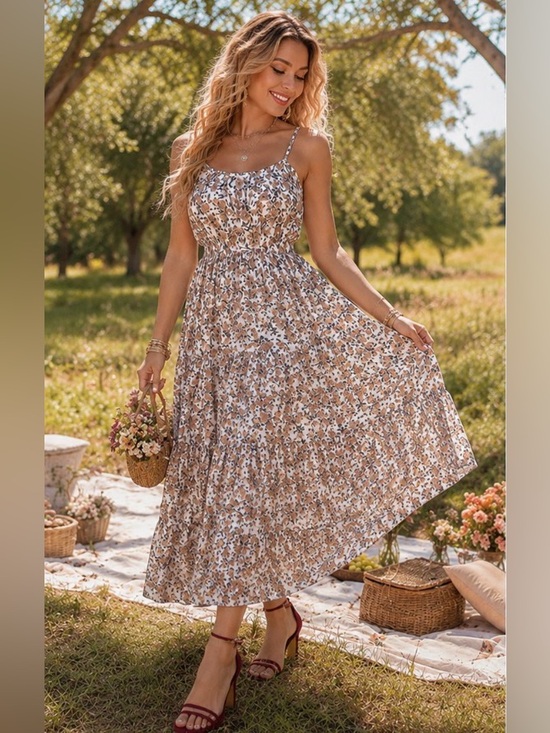By The River Dresses & Skirts - Sunlit Floral Tiered Maxi Dress in White and Tan